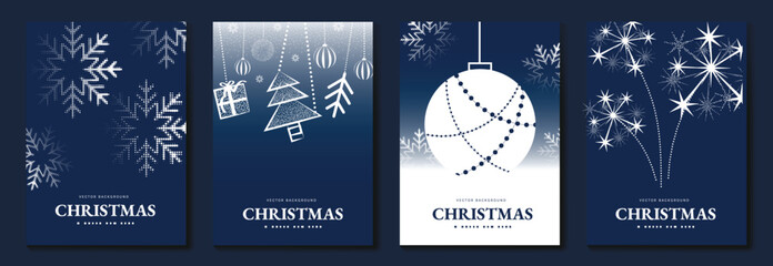 Plakat Happy New Year and Merry Christmas poster vector set. Navy and silver snowflakes in elegant winter pattern composition. Suitable for greeting cards, posters and digital media.
