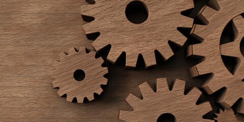 Rustic Wooden Gears concept. Gears arranged on a wooden surface in an abstract composition.