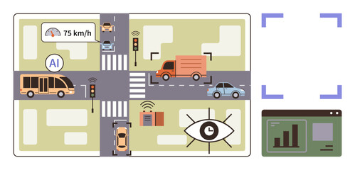 Smart city intersection with AI monitoring, autonomous vehicles, traffic signals, speed tracking, wireless connectivity, surveillance, and data analytics. Ideal for AI, technology urban planning