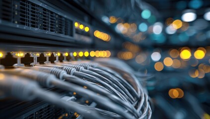 Network Cables Connected to a Server in a Data Center.