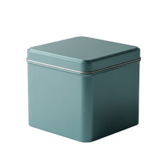 Clean square teal tin box container with hinged lid empty for storage or packaging illustration