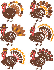 Turkey set, vector illustration. Colorful graphic. Thanksgiving Day symbol. Fall season clipart. Autumn holiday isolated element for seasonal projects