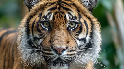 Fototapeta premium Close up portrait of a sumatran tiger with green eyes and distinctive black stripes on its fur coat