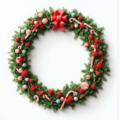 Christmas mistletoe wreath with balls bows and candy canes on white background garlands decoration holiday isolated festive illustration winter christmas