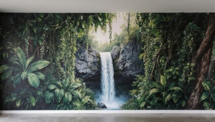 Lush Tropical Jungle Waterfall Mural in an Empty Room.