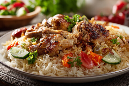 A plate of Palestinian maqluba rice dish with roasted vegetables, tender chicken, and a side of salad.