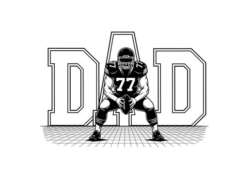 Football player in front of dad text isolated on white background