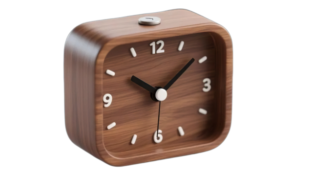 Isolated vintage wooden wall clock with black dial and hour and minute hands showing the time