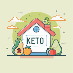 Healthy Keto Lifestyle Illustrated House with Fruits and Vegetables Icons and Cloudy Sky Background
