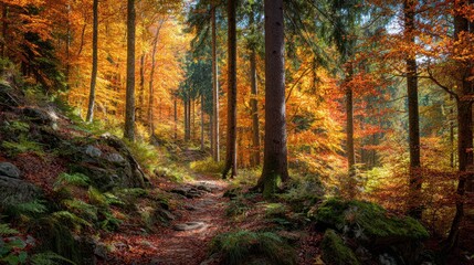 Fototapeta premium Deciduous Forrest. Hiking in Black Forest, Germany, Autumn Season with Colorful Fall Leaves