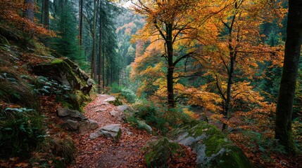 Deciduous Forrest. Autumn Hike in the Black Forest, Germany. Enchanting Magic of the Season