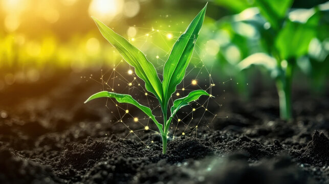 Maize seedling in cultivated agricultural field with graphic concepts modern agricultural technology