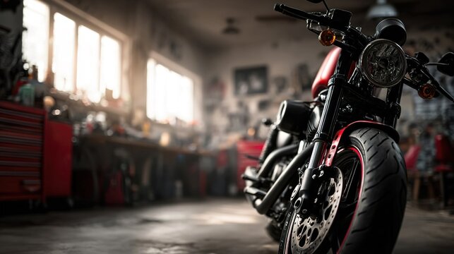 motorcycle repair with copy space. motobike service center with soft-focus and over light in the background. wallpepper for motorcycle lovers. mens love. old garage interior red and black banner.