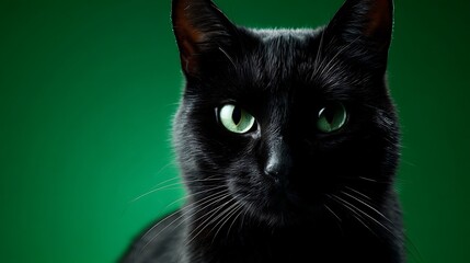 Close up portrait of a sleek black cat with striking green eyes against a green background looking forward