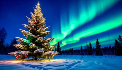christmas tree in the snow,View of the tall Christmas tree and the northern lights on New Year's Eve