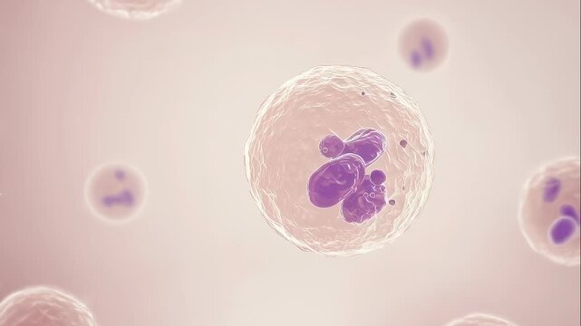 A detailed microscopic view of an eosinophil cell with purple nuclei and small granules changing position for medical science display