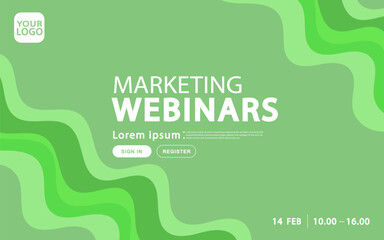 A green landing page template for marketing webinars. This abstract design features organic wavy shapes and a monochromatic green gradient with registration buttons.