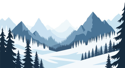 Serene winter landscape featuring snow covered mountains and evergreen trees © MALA