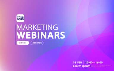 A landing page template for marketing webinars uses soft, overlapping circles. This abstract purple and pink gradient design includes registration buttons for a modern event.