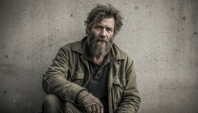 Portrait of a homeless man with a weathered face and serious expression. Person experiencing poverty and hardship. Social issues and survival concept