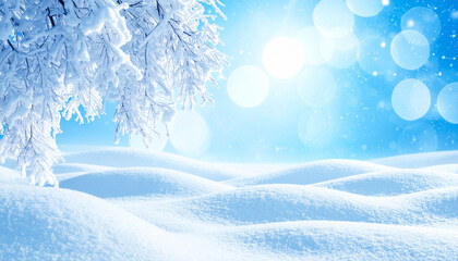Winter Wonderland: A serene winter landscape, blanketed in a pristine layer of snow, with a snowy tree branch in the foreground and a sparkling bokeh effect in the background.