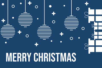 Minimalist Merry Christmas card with hanging ornaments,snowflakes and stacked gifts.Elegant flat design for winter holidays,cards and digital greetings.
