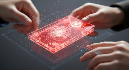 Hands holding a futuristic holographic red envelope (hongbao) for Chinese New Year 2026. Concept of digital gifts, technology, and virtual celebration.