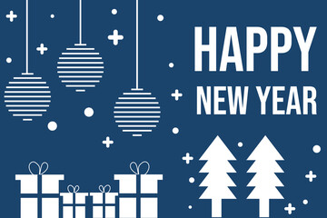 Modern and minimalist Happy New Year greeting card in blue and white color scheme.Features clean geometric Christmas trees,gift boxes,and hanging ornaments with a festive winter atmosphere.