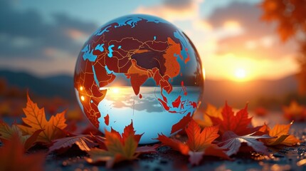 Glass globe with autumn leaves and sunset background symbolizing earth s beauty