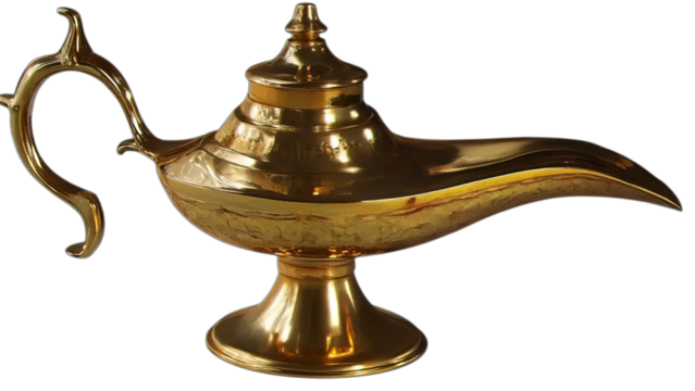 Ancient brass oil lamp, like a genie's magic lamp, on a white background