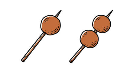 Illustration of two brown olives on wooden skewers simple drawing style