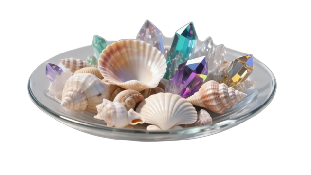 An arrangement of various seashells including scallops and conch in a glass or bowl against a white background capturing ocean life and nature