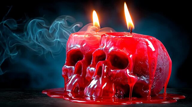 Red skull candles melting with smoke flames