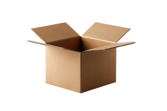 Open cardboard box, light brown, isolated