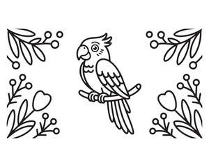 Fototapeta premium Cute Parrot Perched Amidst Floral Border
