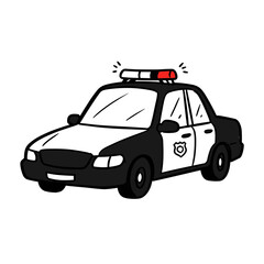 Fototapeta premium Cartoon police car with siren light in black and white on white background