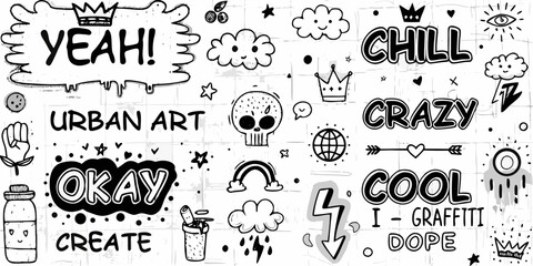 Urban art doodle collection with words like yeah chill crazy cool and okay on a textured background