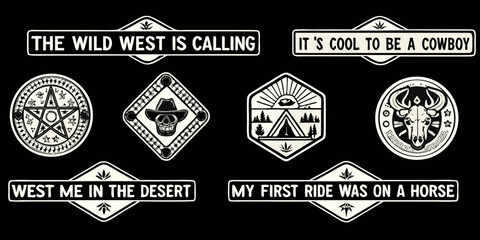 Collection of wild west themed graphic patches and stickers with cowboy skull bull camping and desert motifs