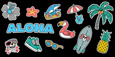 Aloha beach vacation stickers with tropical elements like palm trees pineapple flamingo and surfboard