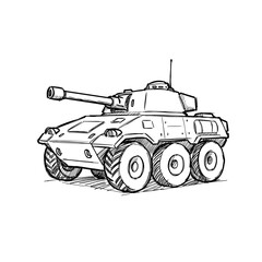 Obraz premium Handdrawn military vehicle sketch with six wheels and cannon