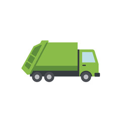 Green garbage truck side view on white background for recycling and waste management