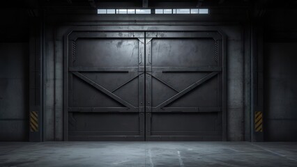 Massive Closed Metal Gate in a Dark Industrial Hangar.