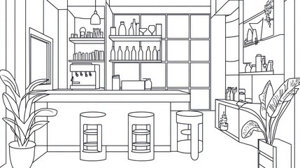 Obraz premium Line drawing cafe interior, shelves, bar, stools, plants. Possible use stock photo for cafe design, architecture, interior design