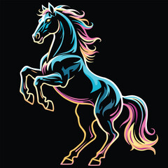 Beautiful Wild Horse Created with Neon Colors on black background  Vector Logo illustration, glitch retro style Design