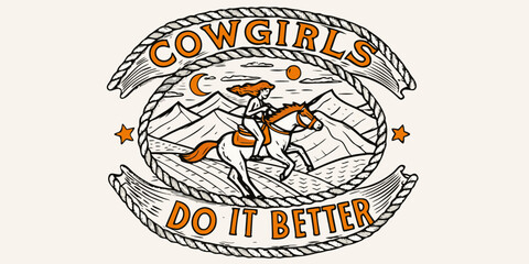 Empowering cowgirl riding horse through mountains under moon and sun with inspiring text