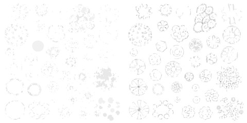 Collection of hand drawn top view tree symbols and architectural elements for landscape design plans