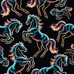 Beautiful Wild Horse Created with Neon Colors on black background composing a Vector Seamless Repeat Pattern Design, glitch retro style Design