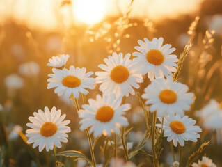 Peaceful closeup white chamomiles daisies background. Beautiful nature flowers. sunset field landscape