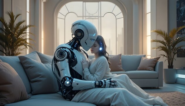 &ldquo;AI companion comforting a human in a peaceful futuristic living room with warm lights.&rdquo;
