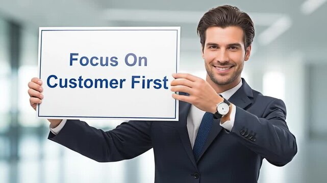 Businessperson holding a sign that say Focus On Customer First for the concept of customer experience.